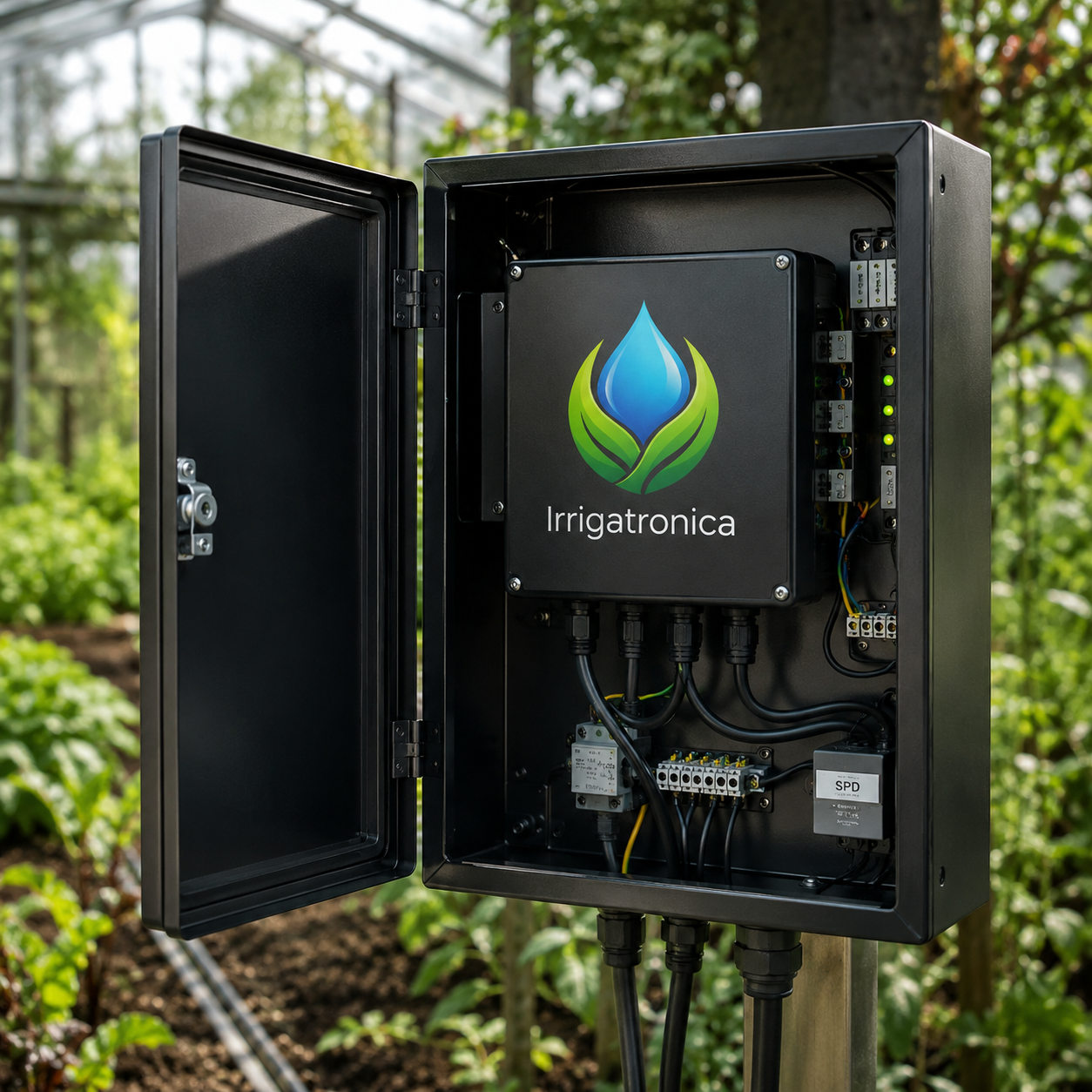 Painel de controle Irrigatronica aberto em campo