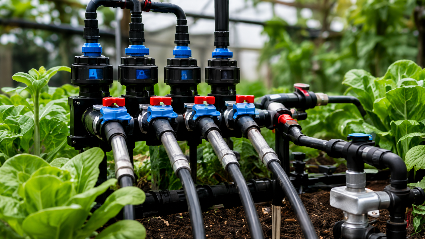 Conjunto de válvulas e linhas de irrigação automatizadas em cultivo de hortaliças