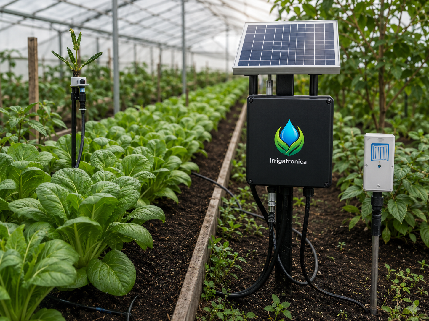 Sistema Irrigatronica com painel solar, sensores e irrigação em uma estufa